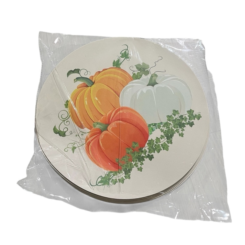 NWT! Home L6- Fall Round Set of 6 White Orange Pumpkin Place Mats Placemat - Picture 4 of 5